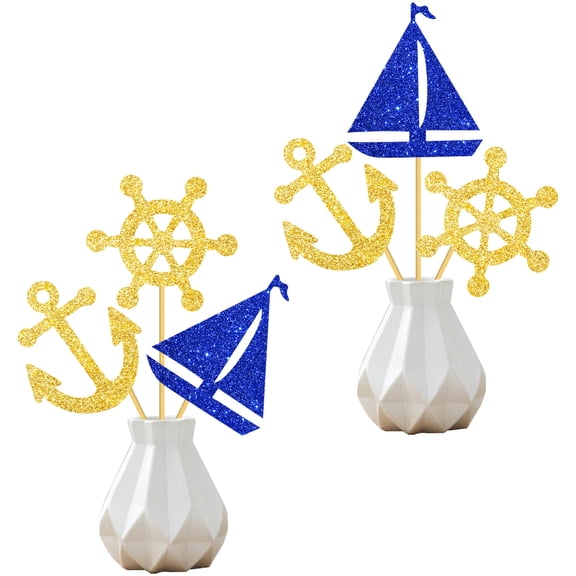 Nautical Theme Centerpiece Sticks 12 Pack Glitter Blue Sailboat Gold Anchor Ship Wheel Table Decorations