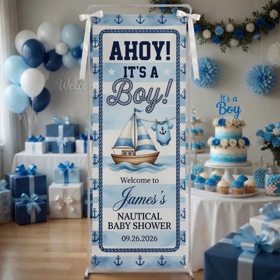 Nautical Theme Fabric Welcome Banner, Personalized Sailboat Backdrop, Anchor Ocean Party Decor, Custom Welcome Gift