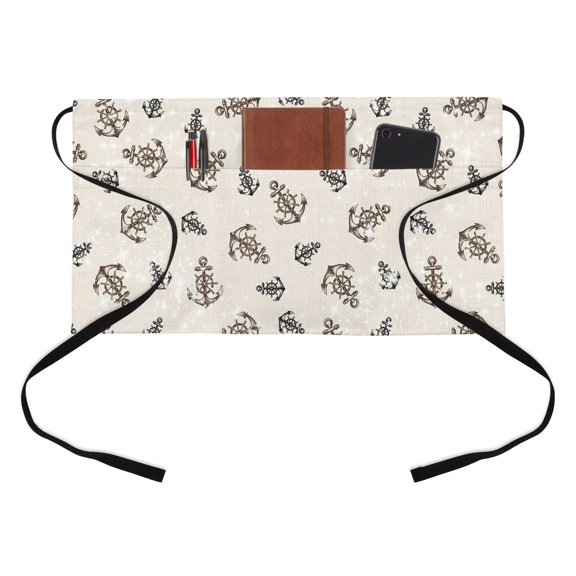 Nautical Theme Kitchen Restaurant Half Waist Apron, Vintage Anchor Shining Stars Linen Background Server Short Apron with 3 Pockets Waterproof Oil Waist Aprons for Women Waitress Waiter