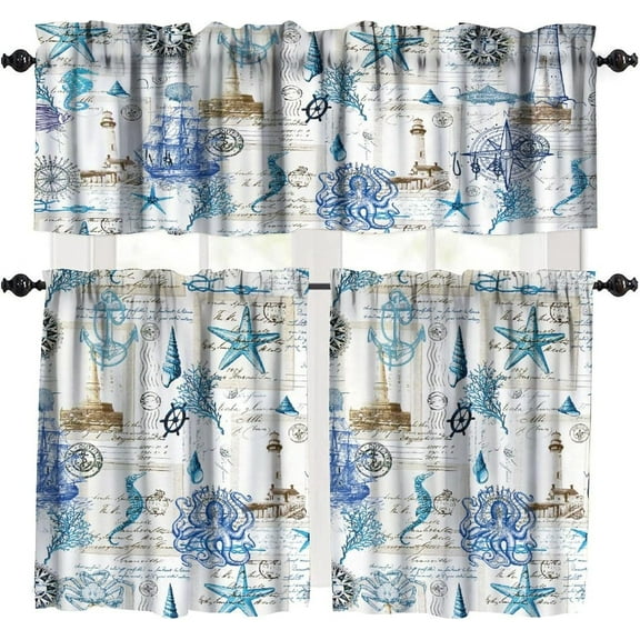 Nautical Theme Retro Kitchen Curtain Tier and Valance Set Lighthouse Sea Starfish Living Room Bedroom Dining Room Office Cafe 54 x 18 inches + 27 x 24 inches *2