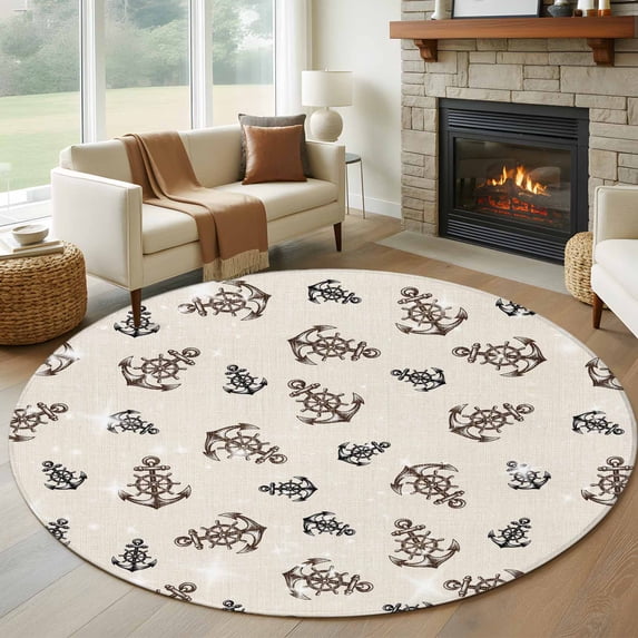 Nautical Theme Round Living Room Rugs 6 ft, Vintage Anchor Shining Stars Linen Background Washable Area Rug with Non-Slip Sturdy Edge Binding Round Carpet for Kitchen Office Bedroom