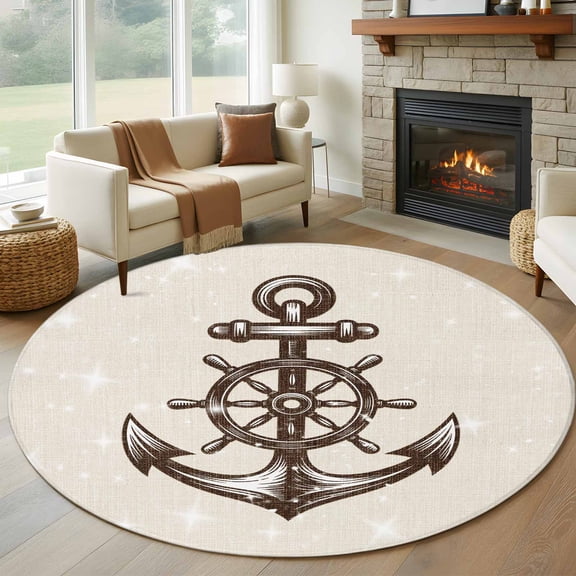 Nautical Theme Round Living Room Rugs 7 ft, Vintage Anchor and Rudder Shining Stars Linen Washable Area Rug with Non-Slip Sturdy Edge Binding Round Carpet for Kitchen Office Bedroom