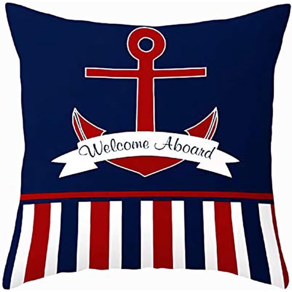 Nautical Theme Sail Boat Anchor Pattern Home Sofa Couch Decor Pillow Cover Cushion Cases Standard Super Soft Pillow Sham 18x18 Inch, Red and Blue Stripes (Welcome Aboard)