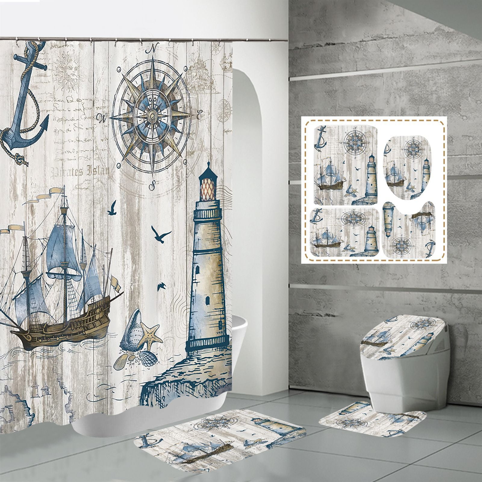 Nautical Theme Shower Curtain Set , Lighthouse, Sailboat, Compass Print  Bathroom Accessories,4 Piece Set 
