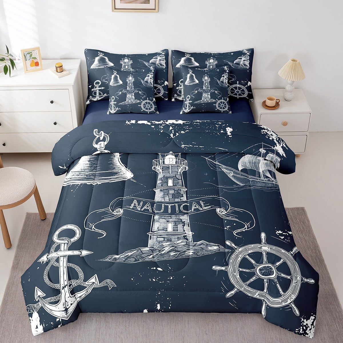 Nautical Theme Sketch 7 Piece Comforter Set Full Bed in a Bag,Ocean