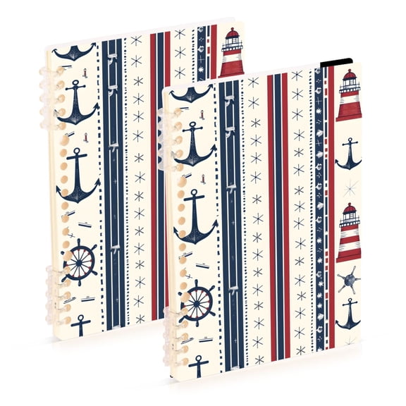 Nautical Theme Stripes Wheels Lighthouses Notebook Detachable Coil Notebook Diary Plan Book A5 Size 60 Pages 2 Pack