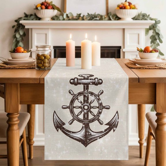 Nautical Theme Table Runner, Vintage Anchor and Rudder Shining Stars Linen Cotton Linen Kitchen Table Decoration Washable Dining Tabletop Runners for Home Party Decor 13x36 Inches