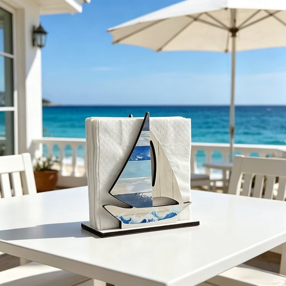 Nautical Theme Wooden Napkin Holder for Summer Beach Decor - Seaside Breeze Pattern Napkin Stand for Kitchen Table Dining Decor Coastal Style Home Accessory