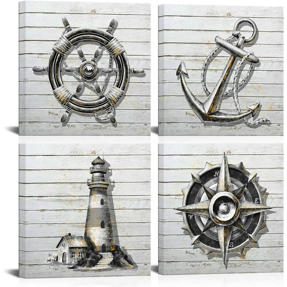 Nautical Themed Bathroom Art Wall Decor Black White Boat Anchor Paintings Helm Compass Print Lighthouse Picture Home Decor Sea Artwork Bedroom Living Room Ready to Hang