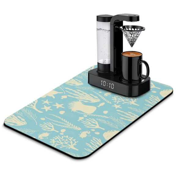 Nautical Themed Dish Drying Mat with Anchor Boat Sea Seaside Coastal Marine Waves Ocean Lighthouse Design – Absorbent Coffee Mat for Kitchen Counter or Coffee Bar Decor