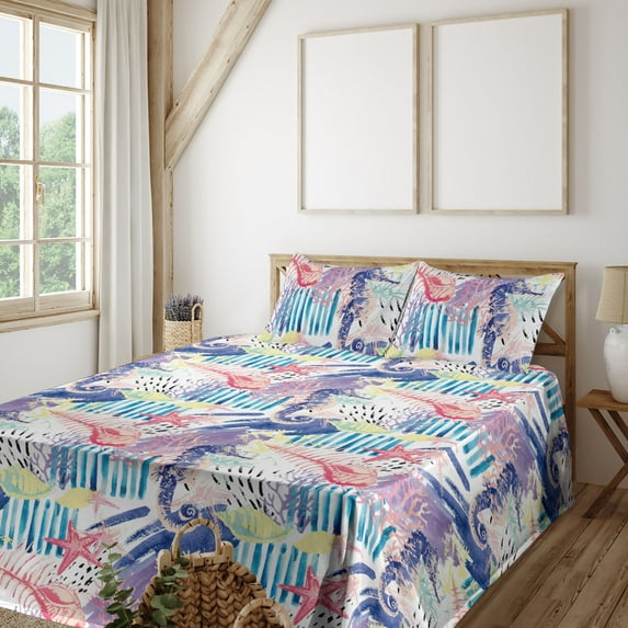 Ambesonne Nautical Themed Fitted & Flat Sheet with Shams 4 Pcs Set, Modern Seahorse Art, Full, Dark Lavender Dark Coral