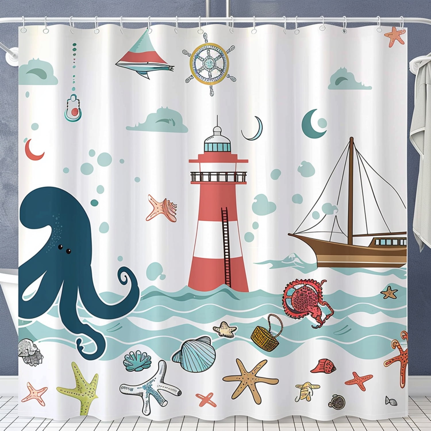 Nautical Themed Shower Curtain with Boats Octopus Lighthouse Seahorse ...