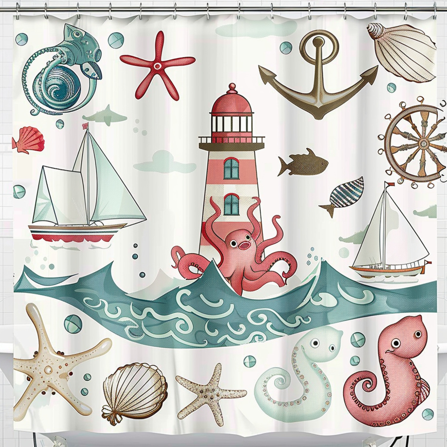 Nautical Themed Shower Curtain with Boats Octopus Lighthouse Seahorse