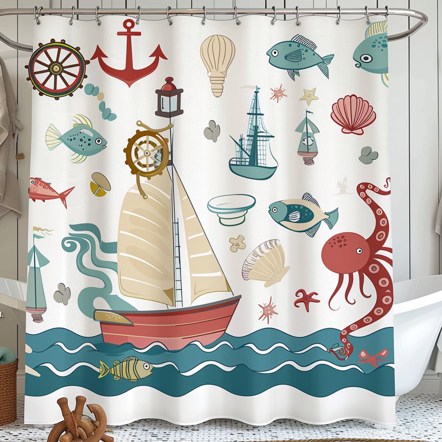 Nautical Themed Shower Curtain With Boats Octopus And Lighthouse Pastel 