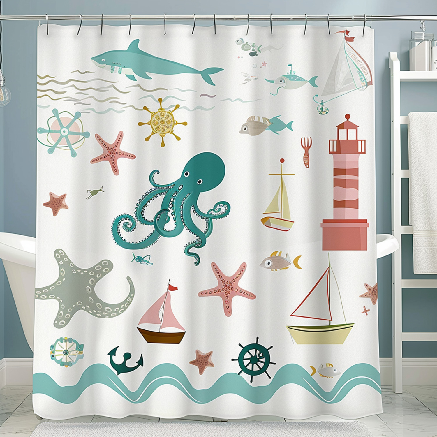 Nautical Themed Shower Curtain with Ships Octopus Lighthouse & Marine
