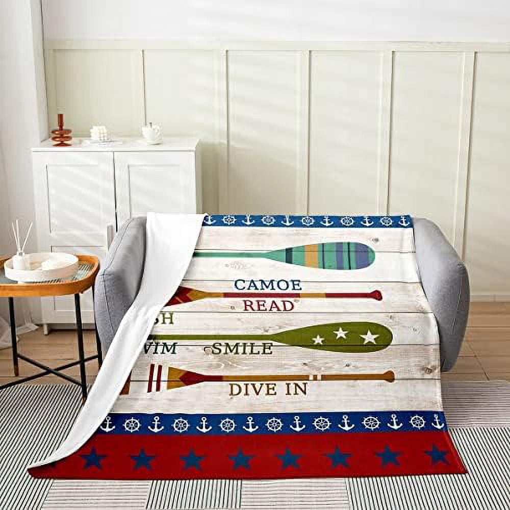 Nautical Themed Throw Blanket Colorful Cartoon Oar Anchor Rudder Fleece