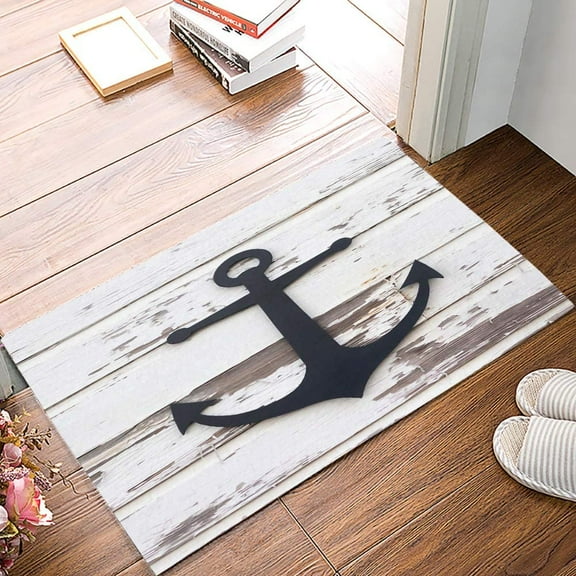 Nautical Themed Vintage Anchor on Rustic Wooden Board Indoor Outdoor Welcome Doormat, Entrance Mat Rug Outside Patio for Kitchen Bedroom Rug, Durable & Washable, 16"X 24"