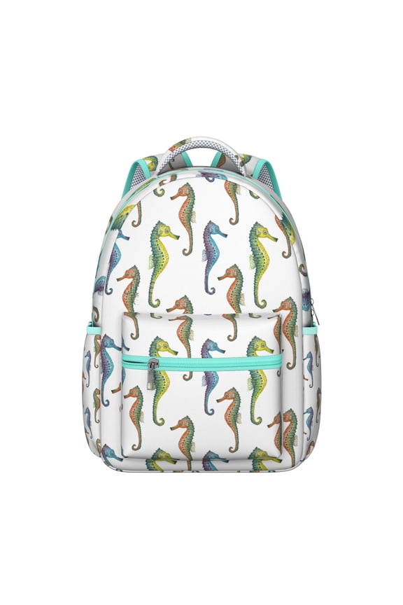 Nautical Themed Waterproof Backpack - Stylish Marine Life Student Bookbag with Adjustable Padded Straps, Spacious Storage & Coastal Seahorse Print for High School, College & Daily Use by Teenagers