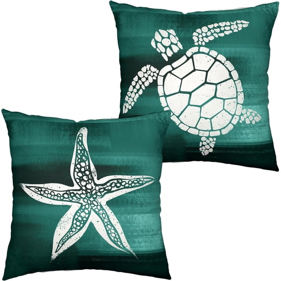 Nautical Throw Pillow Covers 16x16 Beach Theme Starfish Turtle Pillow Covers Set of 2 Coastal Dark Green Decorative Pillow Case for Living Room Bedroom Couch