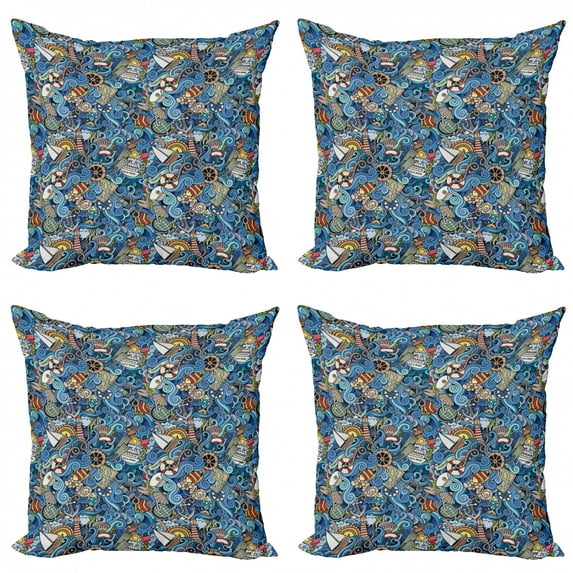 Ambesonne Colorful Throw Pillow Cover 4 Pack, Abstract Sea Shells, 20", Blue Multicolor