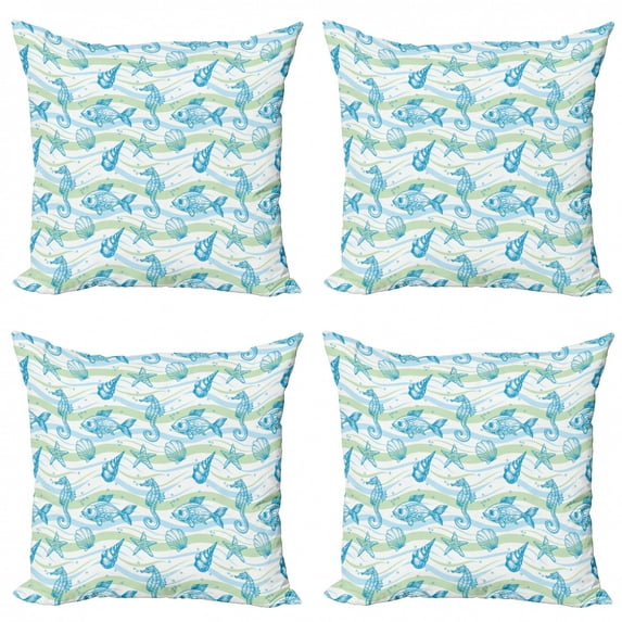 Ambesonne Nautical Throw Pillow Cover 4 Pack, Ocean Shell Starfish, 16", Mint Blue