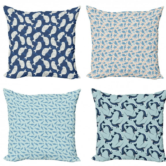 Ambesonne Nautical Throw Pillow Cover 4 Pack, Marine Animals Art Pattern, 20", Blue Orange and Ivory
