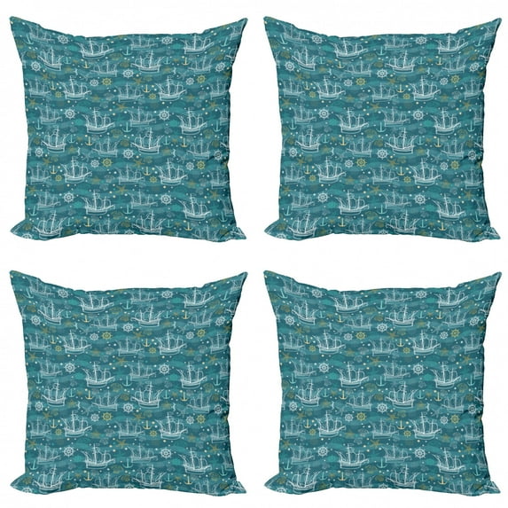 Nautical Throw Pillow Cushion Case Pack of 4, Pattern of Outline Big Ships and Marine Elements Shells on Waves, Modern Accent Double-Sided Print, 4 Sizes, Multicolor, by Ambesonne