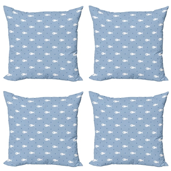 Ambesonne Cartoon Throw Pillow Cover 4 Pack, Little Fish Aquatic Life, 24", White Blue