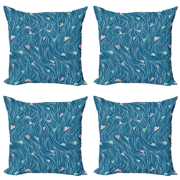 Ambesonne Nature Throw Pillow Cover 4 Pack, Waves and Ships Cartoon, 18", Petrol Blue Jade Green