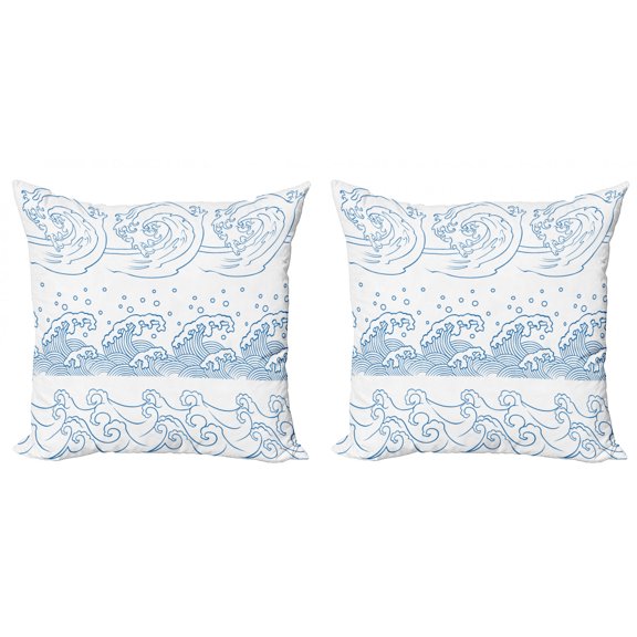 Ambesonne Nautical Throw Pillow Cover 2 Pack, Japanese Kanagawa Wave, 18", Blue and White