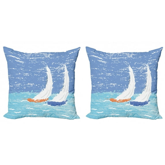 Ambesonne Nautical Throw Pillow Cover 2 Pack, Grunge Sailboats Ocean, 24", Pale Blue