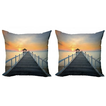 Ambesonne Nautical Throw Pillow Cover 2 Pack, Wood Path on Beach, 16", Pale Blue Orange