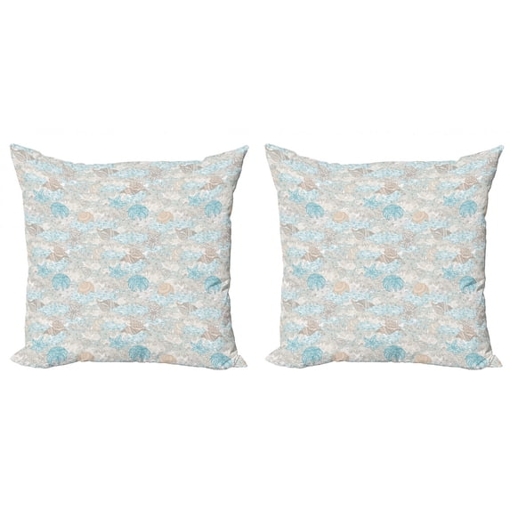 Ambesonne Nautical Throw Pillow Cover 2 Pack, Pastel Toned Seashells, 18", Tan Turquoise White
