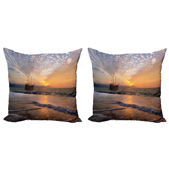 Ambesonne Colorful Throw Pillow Cover 2 Pack, Pirate Ship in Waves, 16", Multicolor