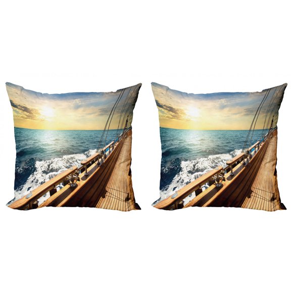 Ambesonne Nautical Throw Pillow Cover 2 Pack, Sailboat Sunset Sea, 18", Cream and Blue
