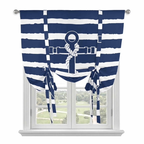Nautical Tie Up Curtains Window Shades, Navy Blue and White Striped Retro Anchor Rod Pocket Tie Up Window Shade Adjustable Balloon Curtain Shade for Blinds Kitchen Bathroom, 1 Panel, 52"x63"