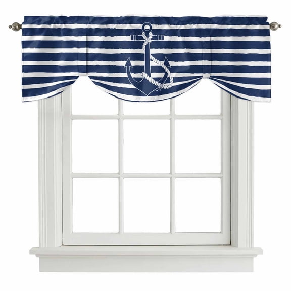 Nautical Tie Up Window Valance Navy Blue and White Striped Retro Anchor Tie-up Valance for Kitchen Windows Adjustable Small Curtain Balloon Shades for Kitchen Bathroom Cafe 60x18inch