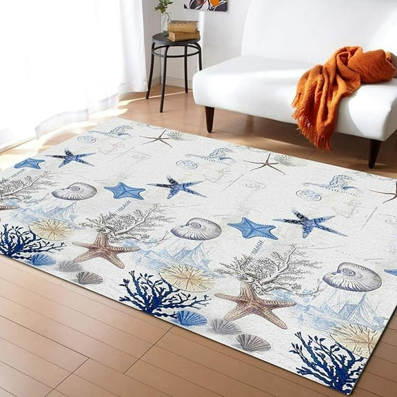 Nautical Tropical Ocean Collection Area Rug, Anchor Starfish Shell Seahorse Kids Rugs, Non-Slip Mat Soft And Easy To Clean For Teen Girls Boys Bedroom Living Room Classroom Office 3 x 4ft