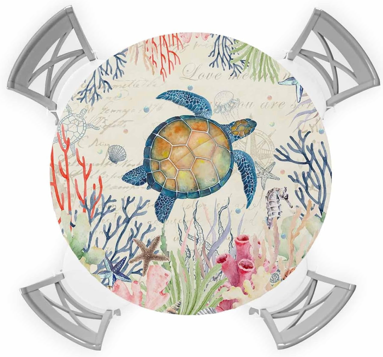 Nautical Turtle Round Tablecloth Fitted Table Cover, Elastic Tablecloths Waterproof Outdoor Indoor Stretch Cloth Tablecover for Dinner, Party, Shower, Vintage Coastal Summer Coral Beach Ocean 36-44IN