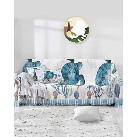 Nautical Turtle Sofa Couch Covers for 3 Cushion Couch,Washable L Shape Sectional Sofa Covers for Loverseat/Pets,Coastal Starfish Shells Corals Anchor Blue Slipcover Throw Blanket Futon Cover 71x134