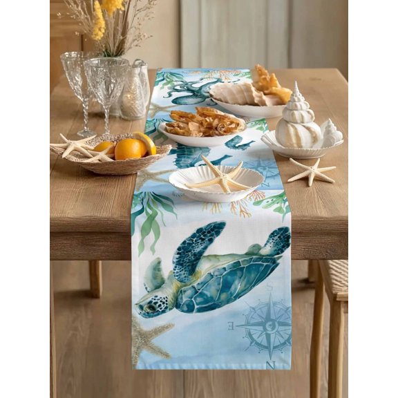 Nautical Turtle Whales Octopus Table Runner 13x60in Non-Slip Cotton Linen Table Runners, Summer Ocean Beach Theme Dresser Scarves TableRunner for Dinner Kitchen Dining Wedding Party