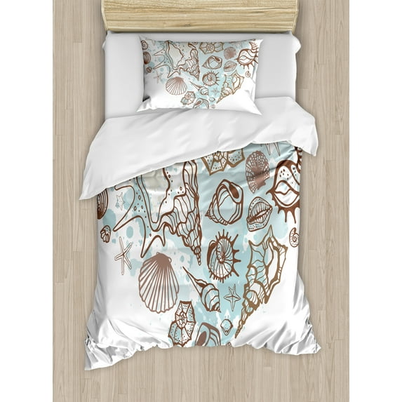 Nautical Twin Size Duvet Cover Set, Hand Drawn Seashells Scallop Starfish Whelk Ocean Underwater Life Theme, Decorative 2 Piece Bedding Set with 1 Pillow Sham, Brown Warm Taupe Teal, by Ambesonne