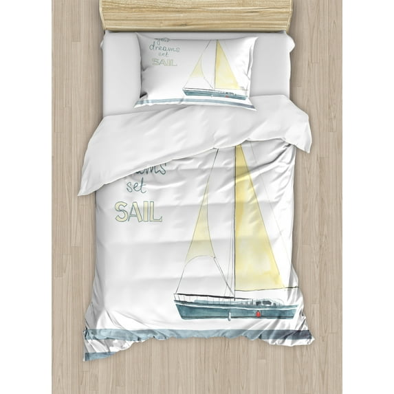 Nautical Twin Size Duvet Cover Set, "Let Your Dreams Set Sail" Quote Stripes Yacht Interior Navigation Theme, Decorative 2 Piece Bedding Set with 1 Pillow Sham, Pale Blue White, by Ambesonne