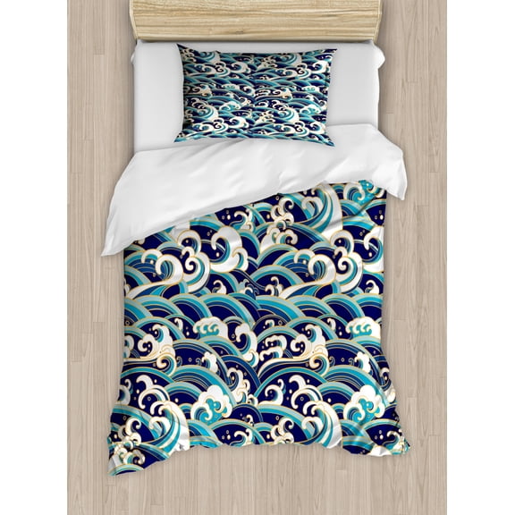 Nautical Twin Size Duvet Cover Set, Traditional Oriental Style Ocean Waves Pattern with Foam and Splashes Print, Decorative 2 Piece Bedding Set with 1 Pillow Sham, Blue and White, by Ambesonne