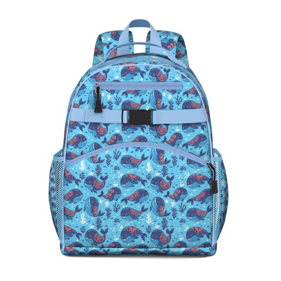 Nautical Underwater Marine Life Students Backpack With Whale, Shark, Dolphin Ocean Tropical Sea Abstract Funny Pattern