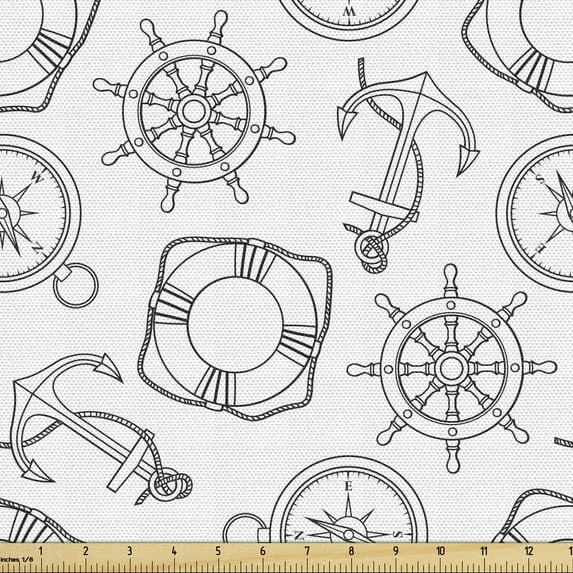 Ambesonne Nautical Fabric by the Yard Upholstery, Anchor Marine Art, 1 Yard, Grey and White