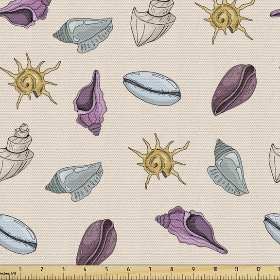 Ambesonne Nautical Fabric by the Yard Upholstery, Colorful Seashells Pattern, 2 Yards, Pale Eggshell and Multicolor