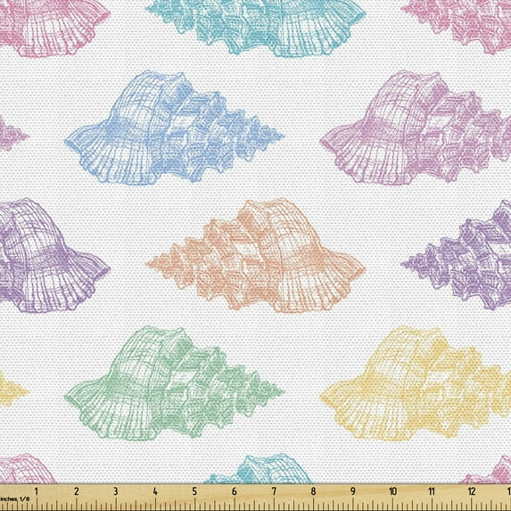 Nautical Upholstery Fabric by the Yard, Marine Theme Hand Drawn Varicolored Seashells Pattern, Decorative Fabric for DIY and Home Accents, White Multicolor by Ambesonne