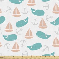 Ambesonne Nautical Fabric by the Yard Upholstery, Boats Anchors and Whales, 5 Yards, Turquoise Peach