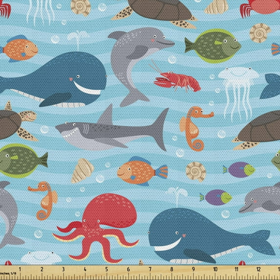 Ambesonne Nautical Fabric by the Yard Upholstery, Doodle Theme, 10 Yards, Multicolor